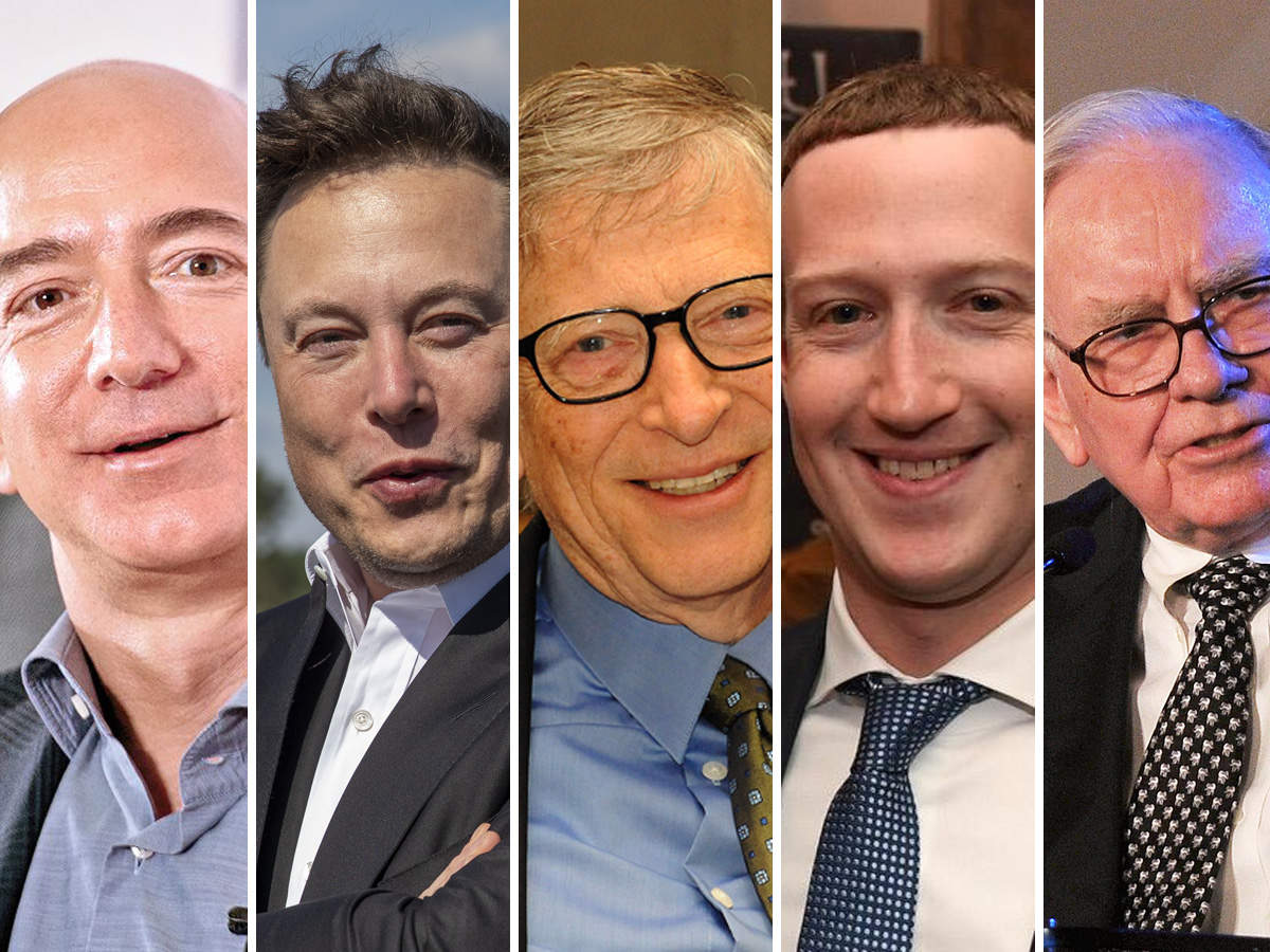 (L-R) Jeff Bezos, Elon Musk, Bill Gates, Mark Zuckerberg, Warren Buffet