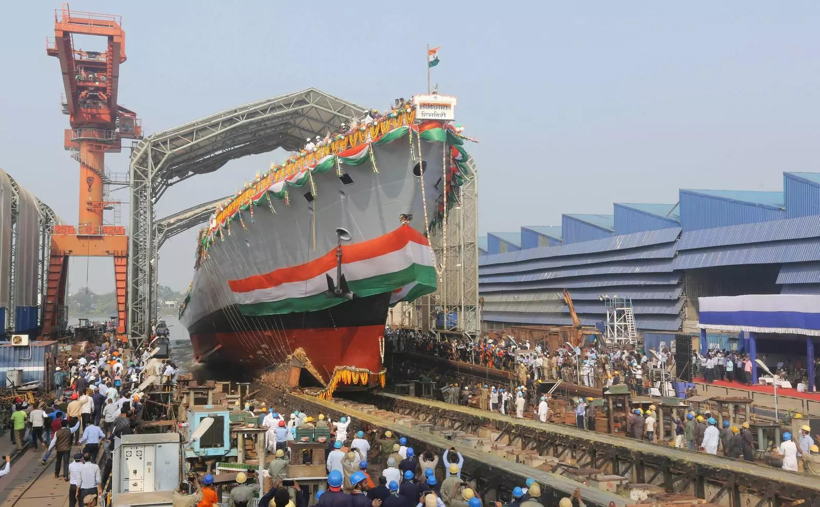 People witness the launch of GRSE-built first Project 17A stealth frigate 'Himgiri' in Kolkata.Photo/Swapan Mahapatra)(
