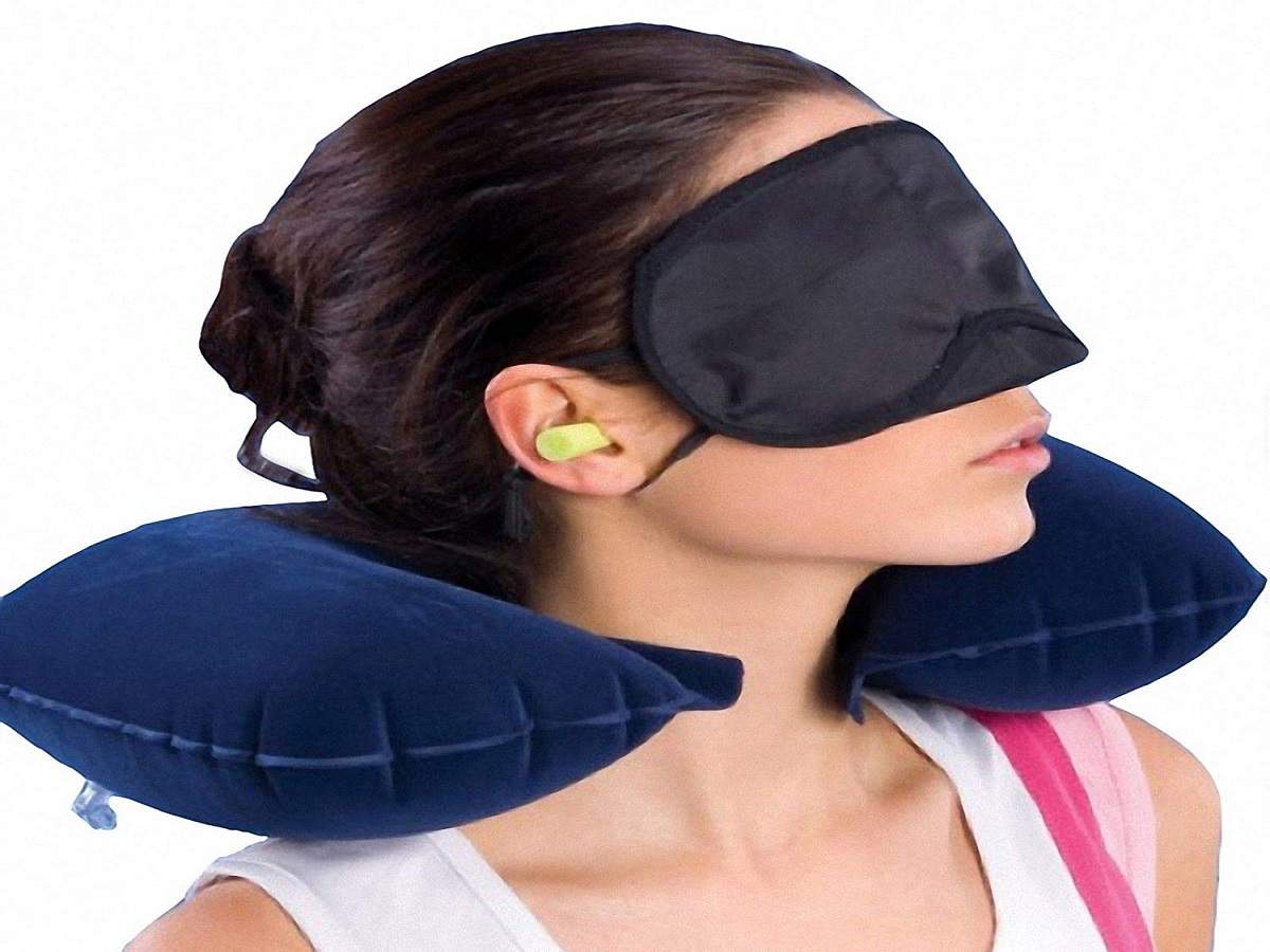 4 Piece Inflatable Travel Kit inc Eye Mask Neck Back & Seat Cushion Pillow AC 