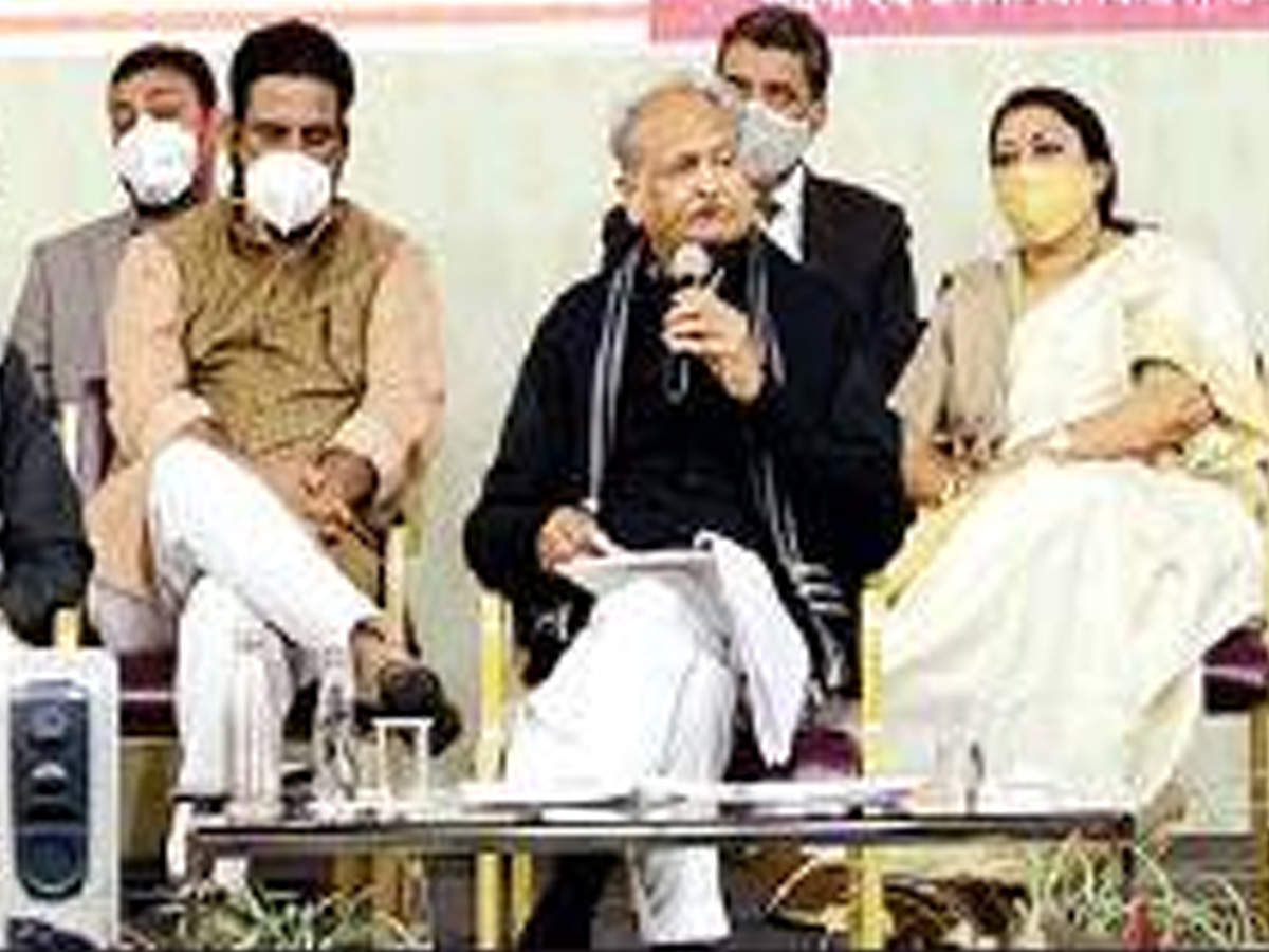 Chief minister Ashok Gehlot, with cabinet ministers and other Congress leaders, addresses media on Friday