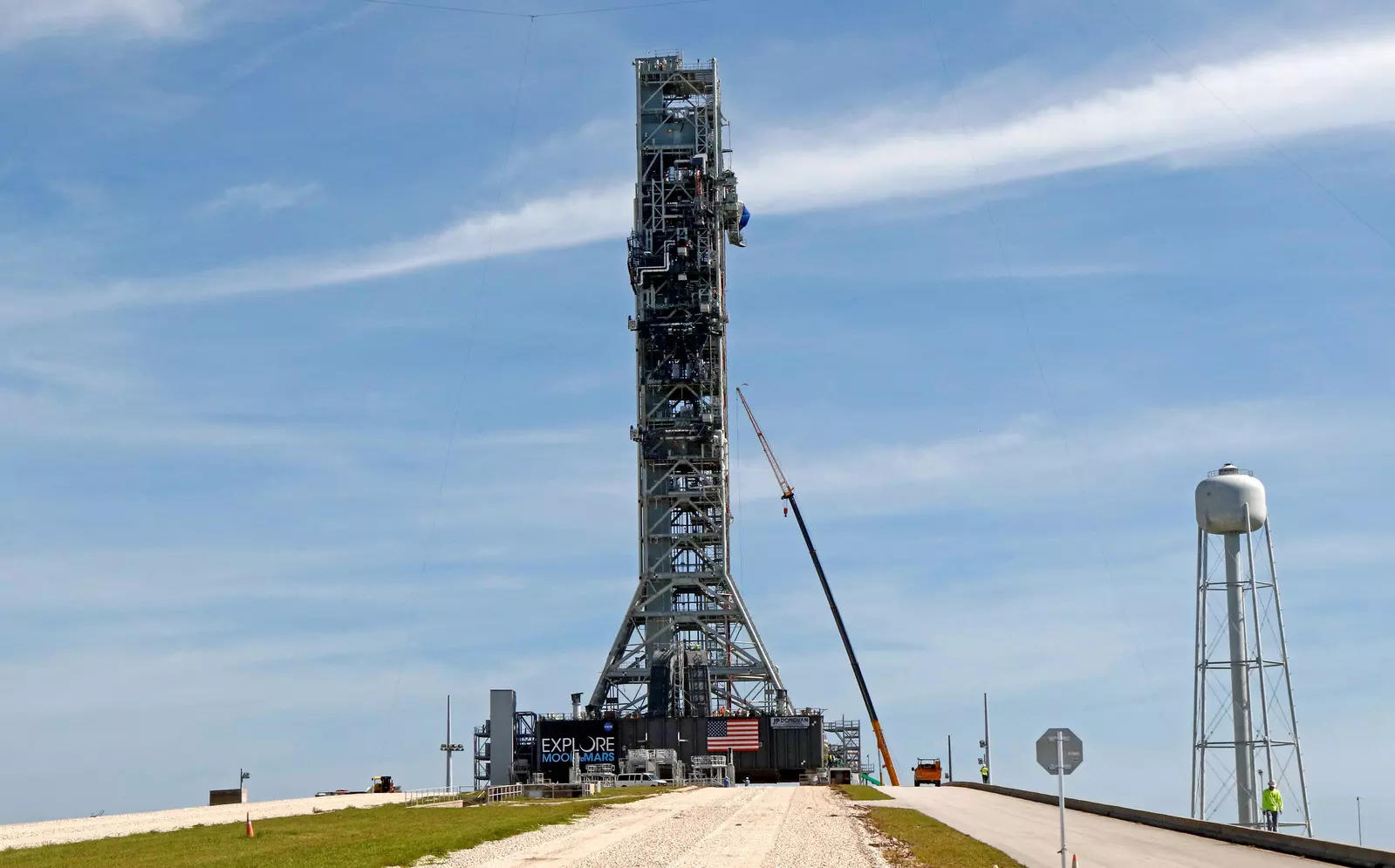 NASA's Space Launch System mobile launcher stands atop Launch Pad 39B  