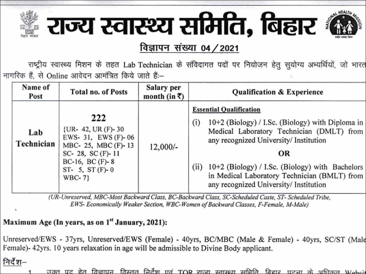 Bihar SHSB Lab Technician Recruitment 2021: Apply online for 222 posts;  check details here - Times of India