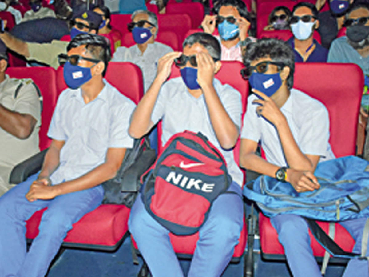Students watch the video song of 'Vimukthi' at the theatre at Kacheripady
