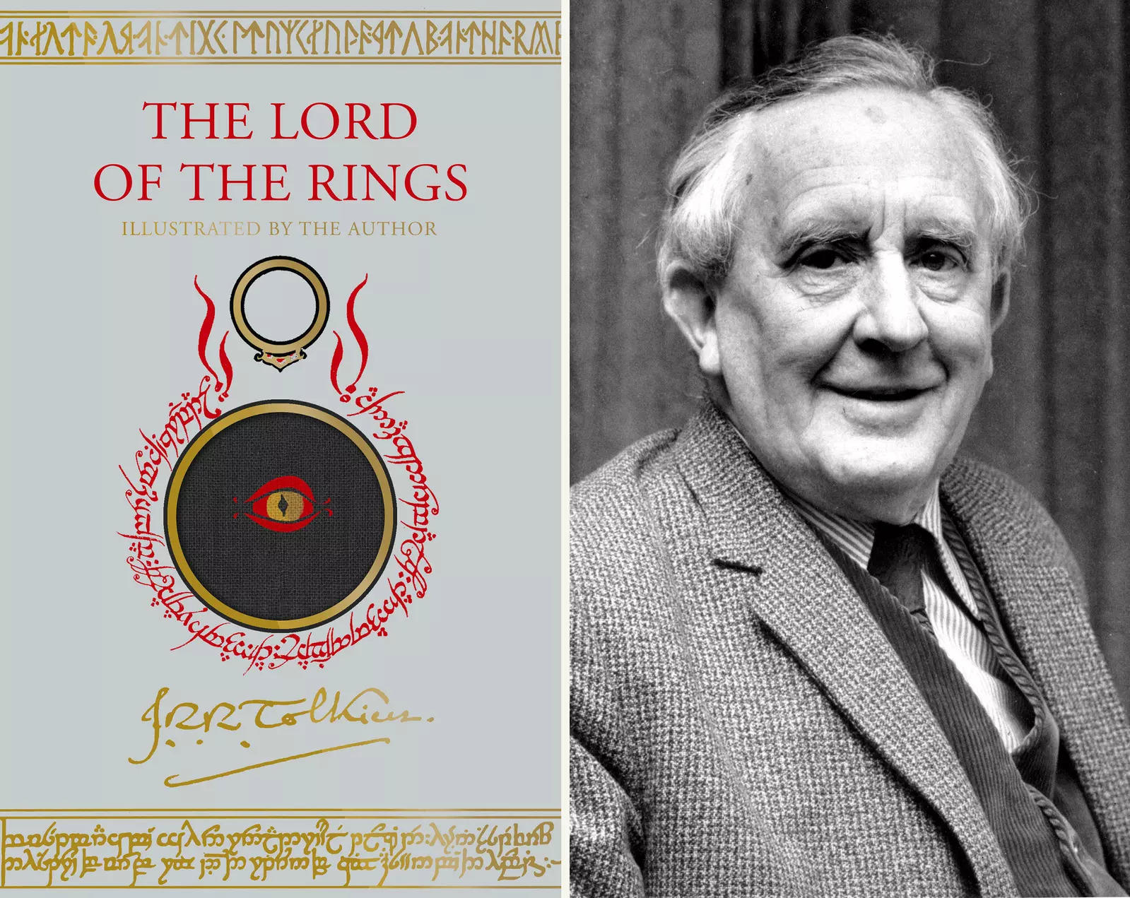 This combination photo shows an upcoming edition of J.R.R. Tolkien's "The Lord of the Rings" trilogy, left, and a 1967 photo of Tolkien. The new edition will include paintings, drawings and other illustrations by the British author for the first time since it was published in the mid-1950s. Houghton Mifflin Harcourt Books & Media announced Thursday, March 25, 2021, that the new version will come out Oct. 19. (Photo)