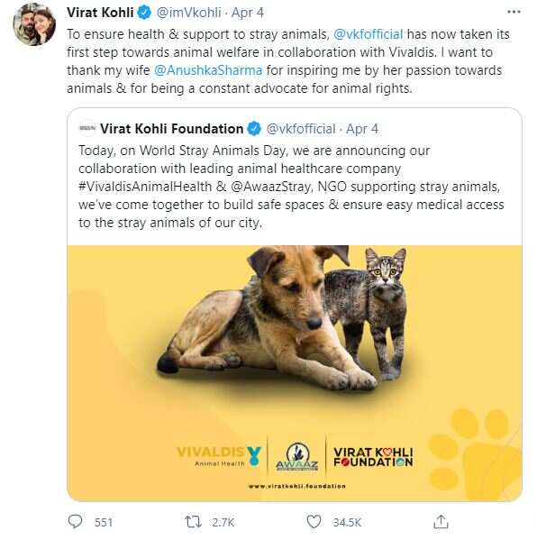 Virat Kohli thanks wifey Anushka Sharma for inspiring his passion for animal welfare; here's how she responded | Hindi Movie News - Times of India Virat Kohli thanks wifey Anushka Sharma for inspiring his passion for animal welfare; here's how she responded | Hindi Movie News - Times of India
