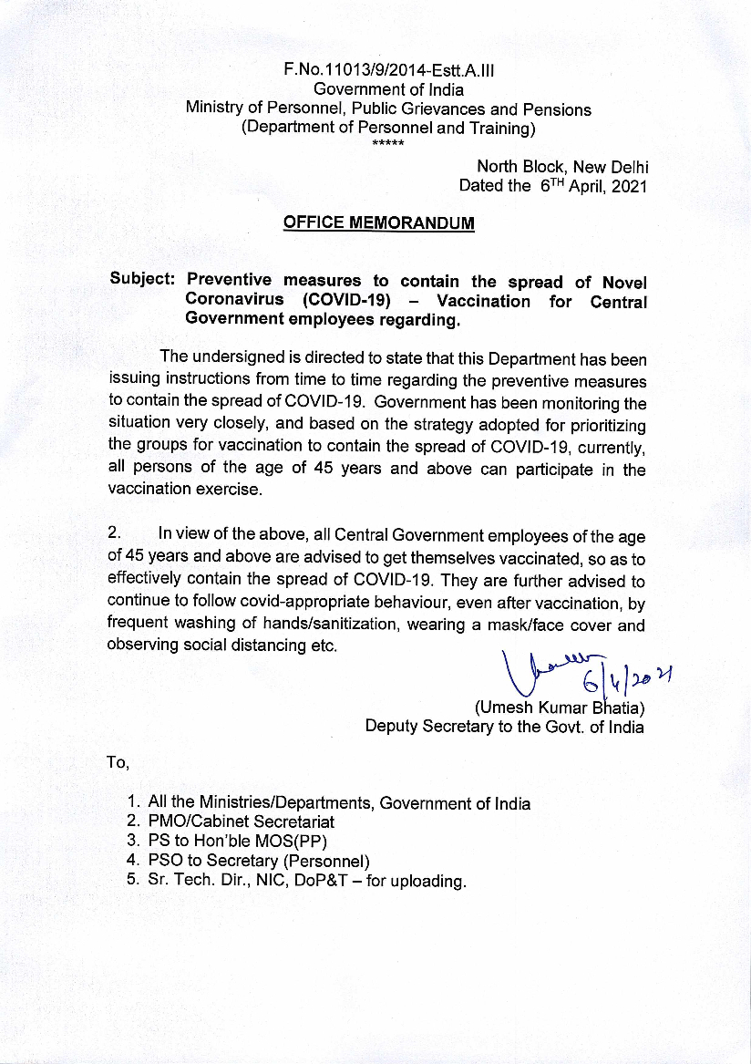 Covid 19 Vaccination In India Modi Govt Asks All Central Employees Aged 45 Years And Above To Get Themselves Vaccinated News Times Of Covid 19 Vaccination In India Modi, 5 Day Cabinets Complaints Procedure In India