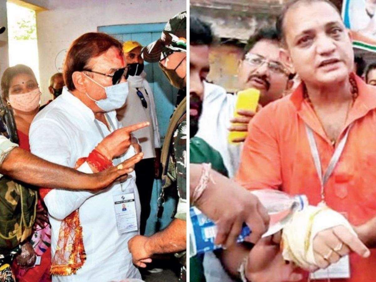 (Left) Madan Mitra speaks with CAPF personnel at a booth; (right) BJP candidate Raju Banerjee claimed he was injured as bricks were hurled at his vehicle.