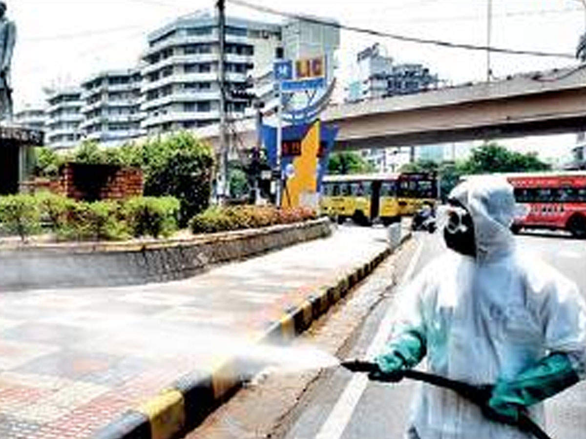 Disinfectant is sprayed at NTR Marg in the city on Sunday
