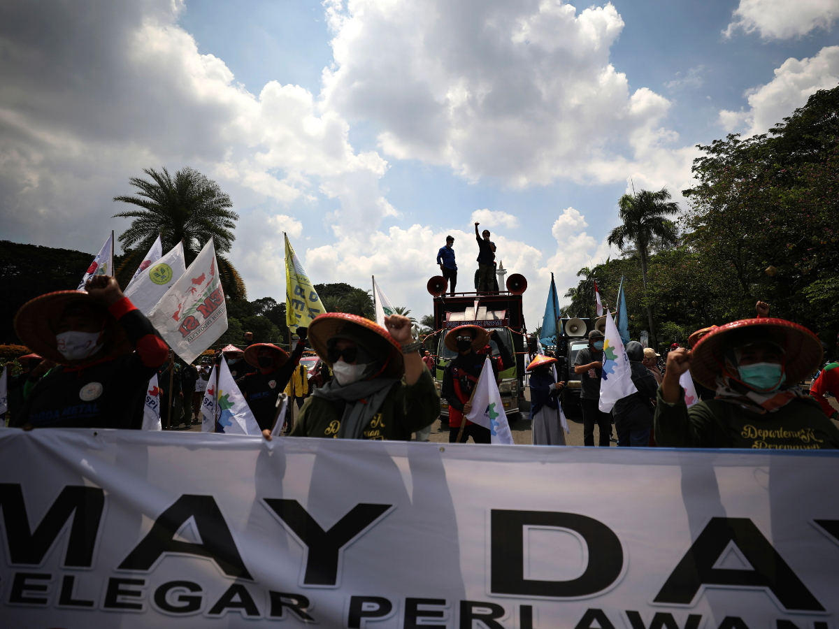 Indonesian workers shout slogan during a May Day rally in Jakarta, Indonesia. AP Photo