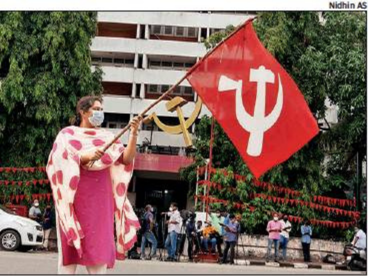 A CPM worker in front of AKG Centre in Thiruvananthapuram on Sunday