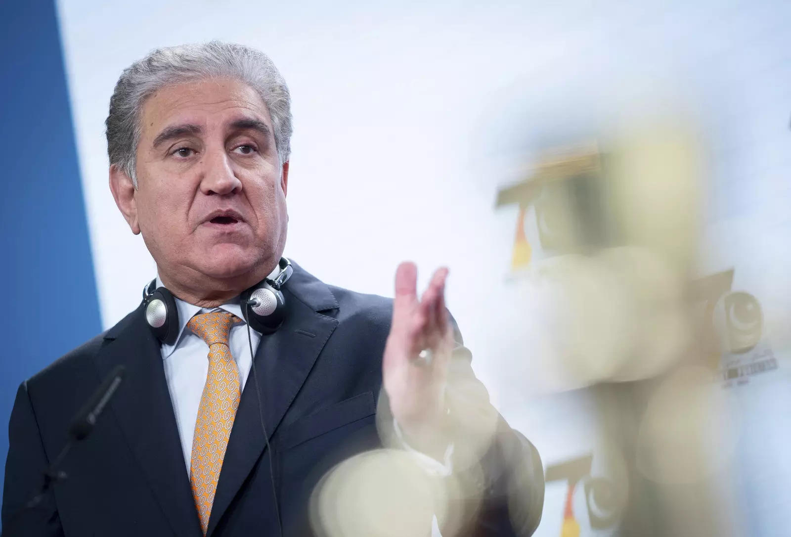 Berlin: Makhdoom Shah Mahmood Qureshi, foreign minister of Pakistan, gestures during a press conference together with Heiko Maas, German foreign minister, at the Federal Foreign Office in Berlin, Germany. AP/PTI(