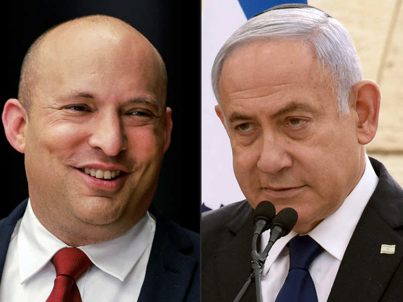 This combination of pictures shows (L to R) Naftali Bennett of the Yamina (Right) party and Israeli Prime Minister Benjamin Netanyahu of the Likud party. (AFP)