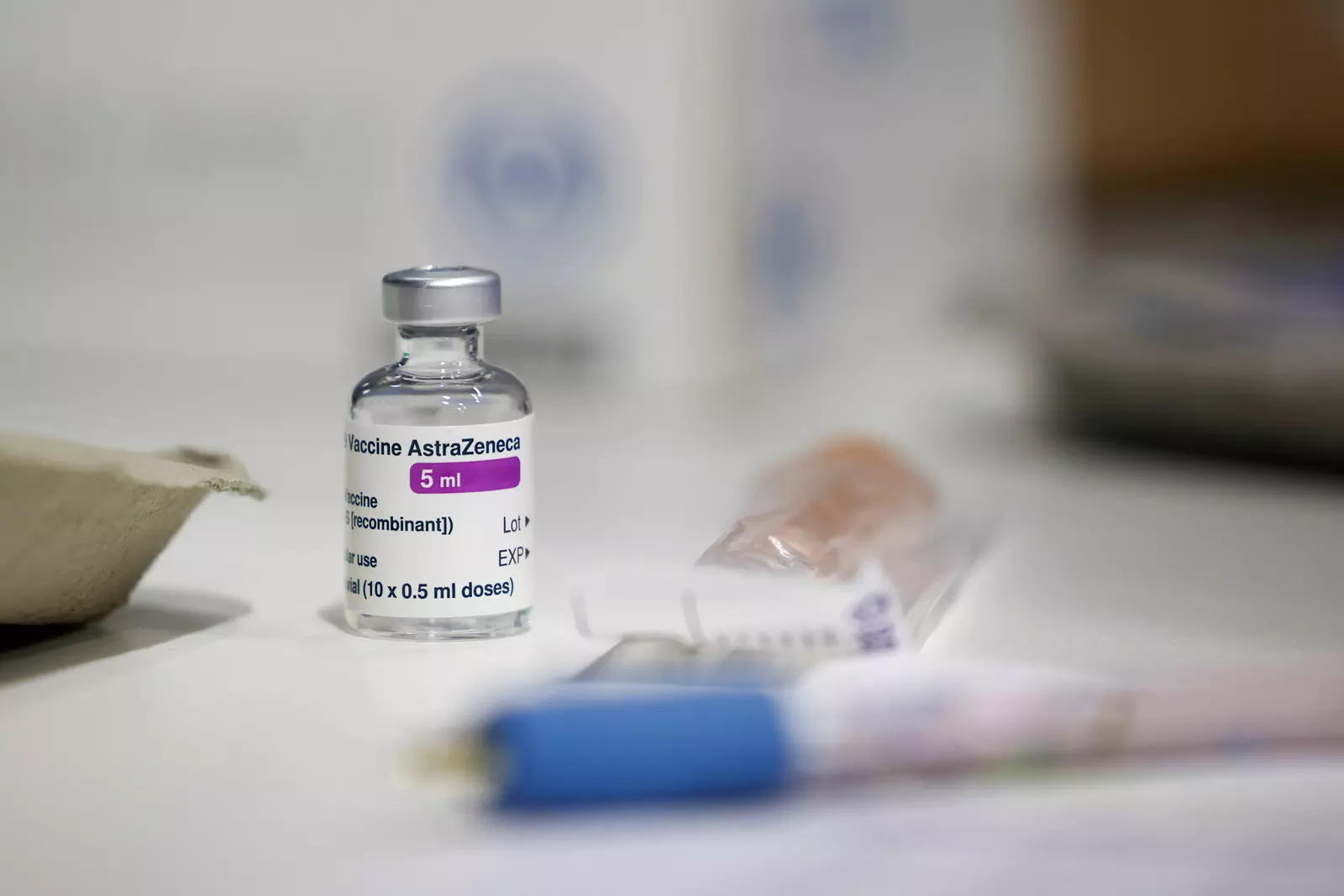 A vial of AstraZeneca coronavirus vaccine is seen at a vaccination centre in Westfield Stratford City shopping centre. (File Photo/Reuters)