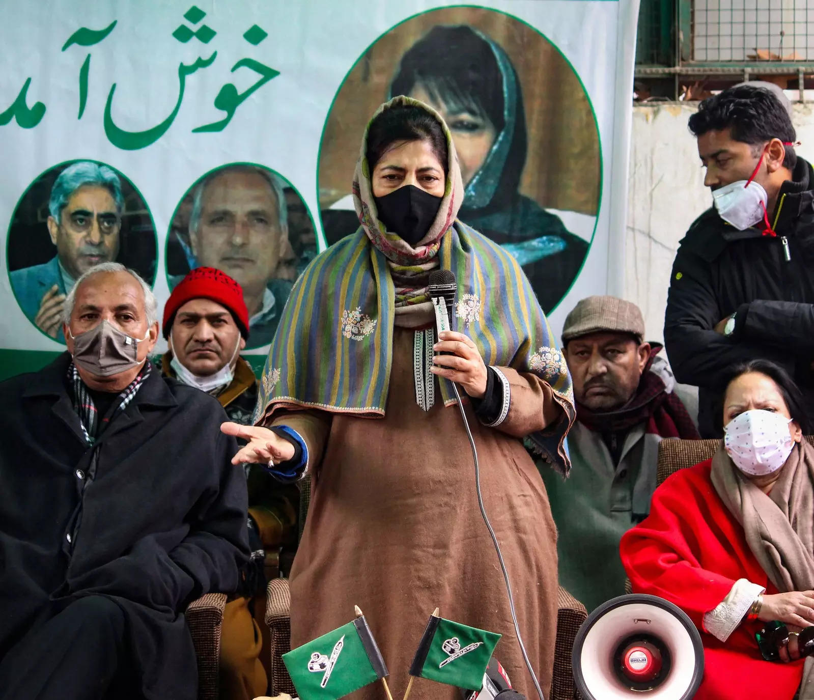  Peoples Democratic Party (PDP) President Mehbooba Mufti addresses her supporters during a function organized to felicitate newly elected DDC Councilors, Sarpanchs and Panchs, at party HQ in Srinagar. (PTI Photo)