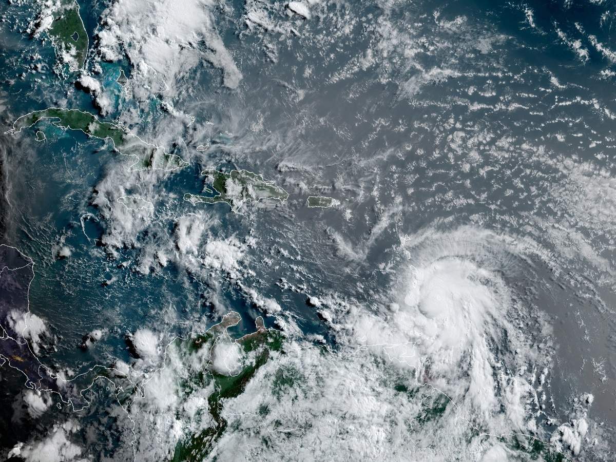 This satellite image provided by the National Oceanic and Atmospheric Administration shows Hurricane Elsa moving through the Caribbean, over Barbados, Tuesday, July 2, 2021, at 12:00 Z (8am a.m. ET). (AP)