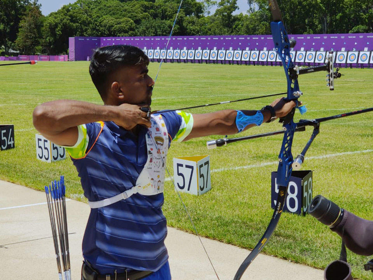 Indian Archer Pravin Jadhav practices at the training arena in Tokyo2020 Olympics Games village, in Tokyo. (ANI Photo)