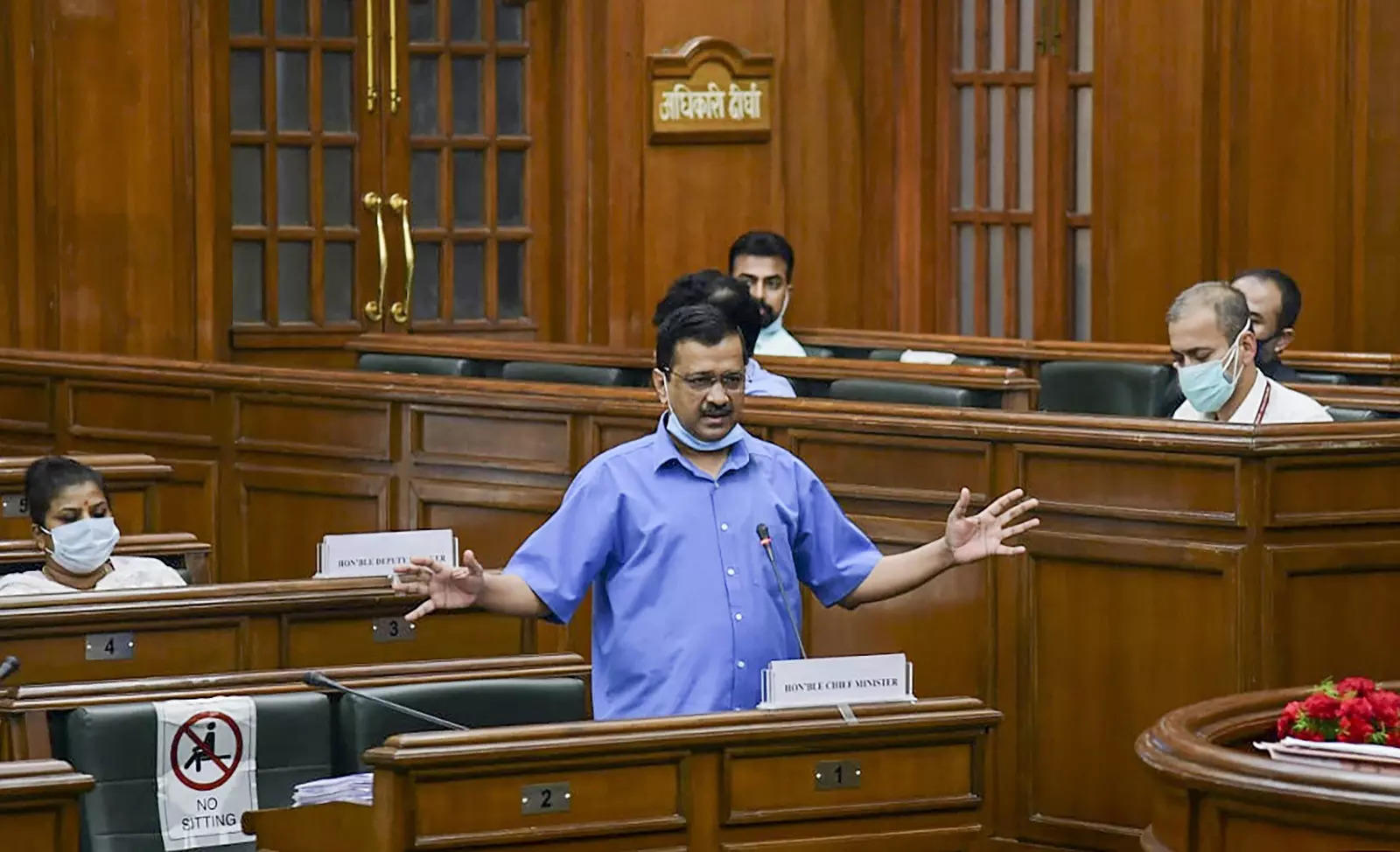 Delhi CM Arvind Kejriwal while speaking in the state assembly. PTI photo