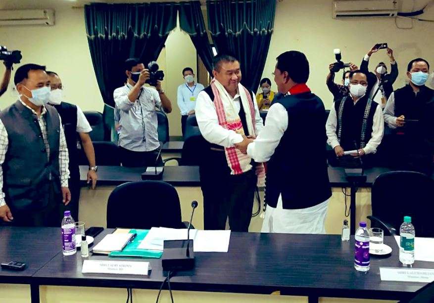 Assam minister Ashok Singhal, Mizoram home minister Lalchamliana, and other leaders during a meeting over Assam-Mizoram border dispute, in Aizwal on Thursday. (ANI Photo)