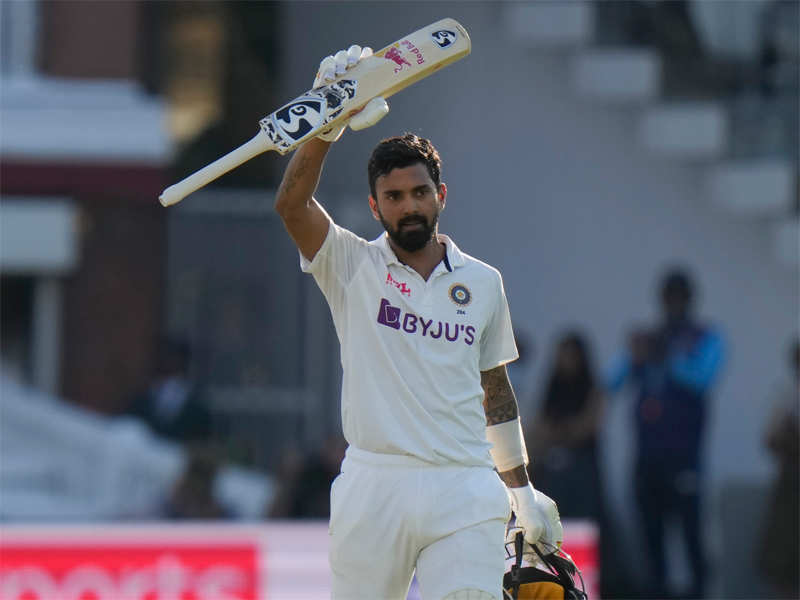 India's KL Rahul celebrates after scoring a century during the first day of the second Test against England at Lord's cricket ground in London. (AP Photo)