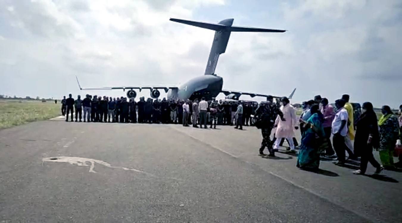 IAF C-17 aircraft that took off from Kabul, Afghanistan with Indian officials lands in Jamnagar.