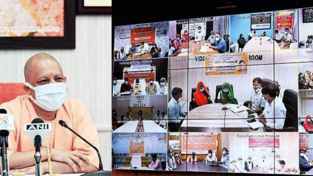 CM Yogi interacting with beneficiaries of old age pension scheme via a virtual programme at his official residence in Lucknow on Thursday