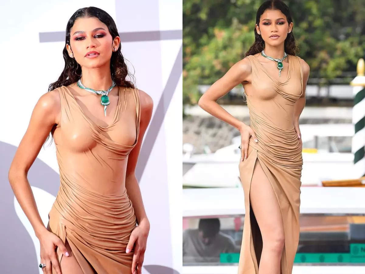 Zendaya singlehandedly brought back the 'naked' fashion trend in a tan  leather dress with a daring thigh-high slit
