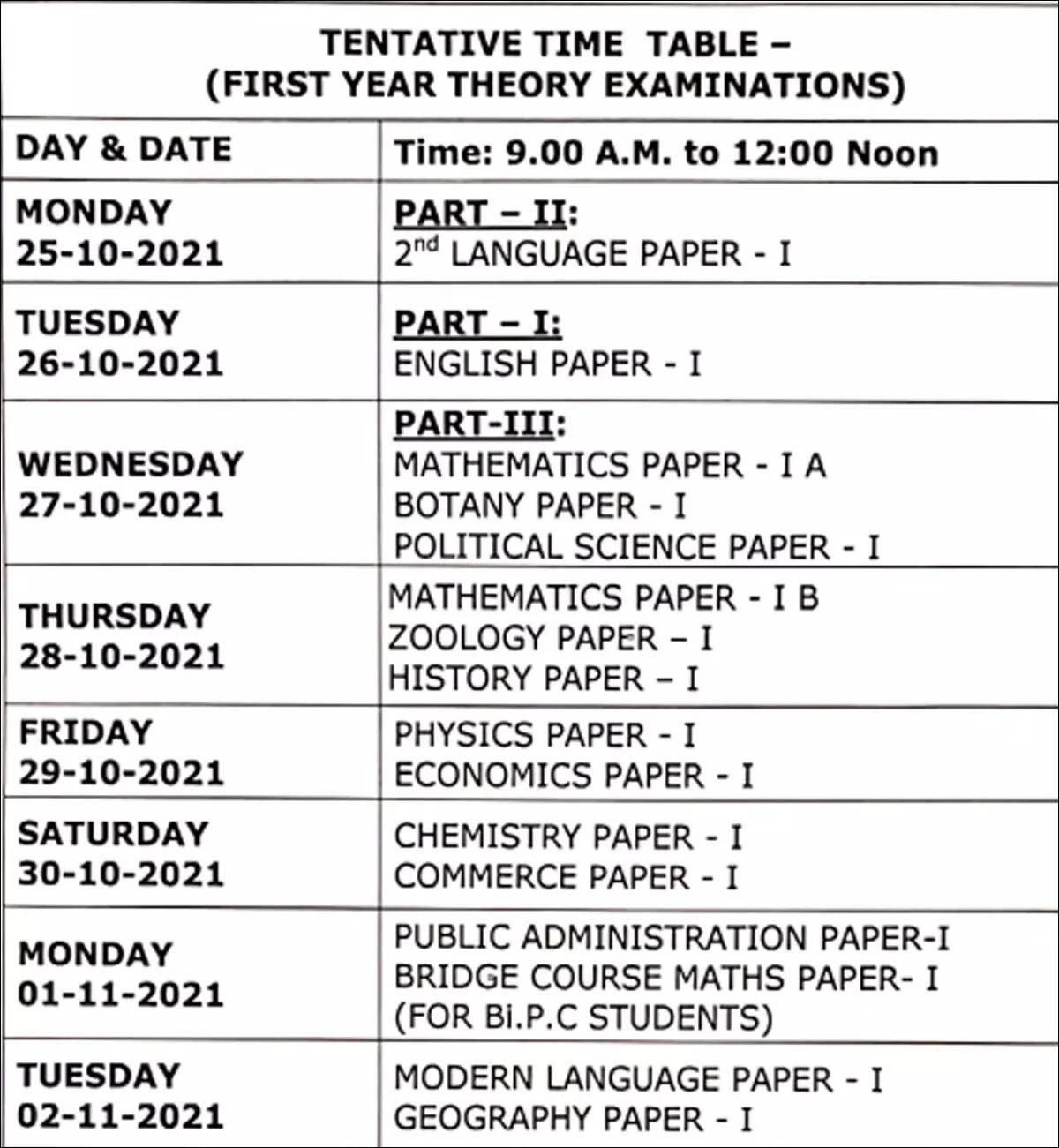 Ib 2022 Exam Schedule Ts Inter 1St Year Time Table: Telangana Intermediate First Year Exam  Schedule Of 2020-21 Released