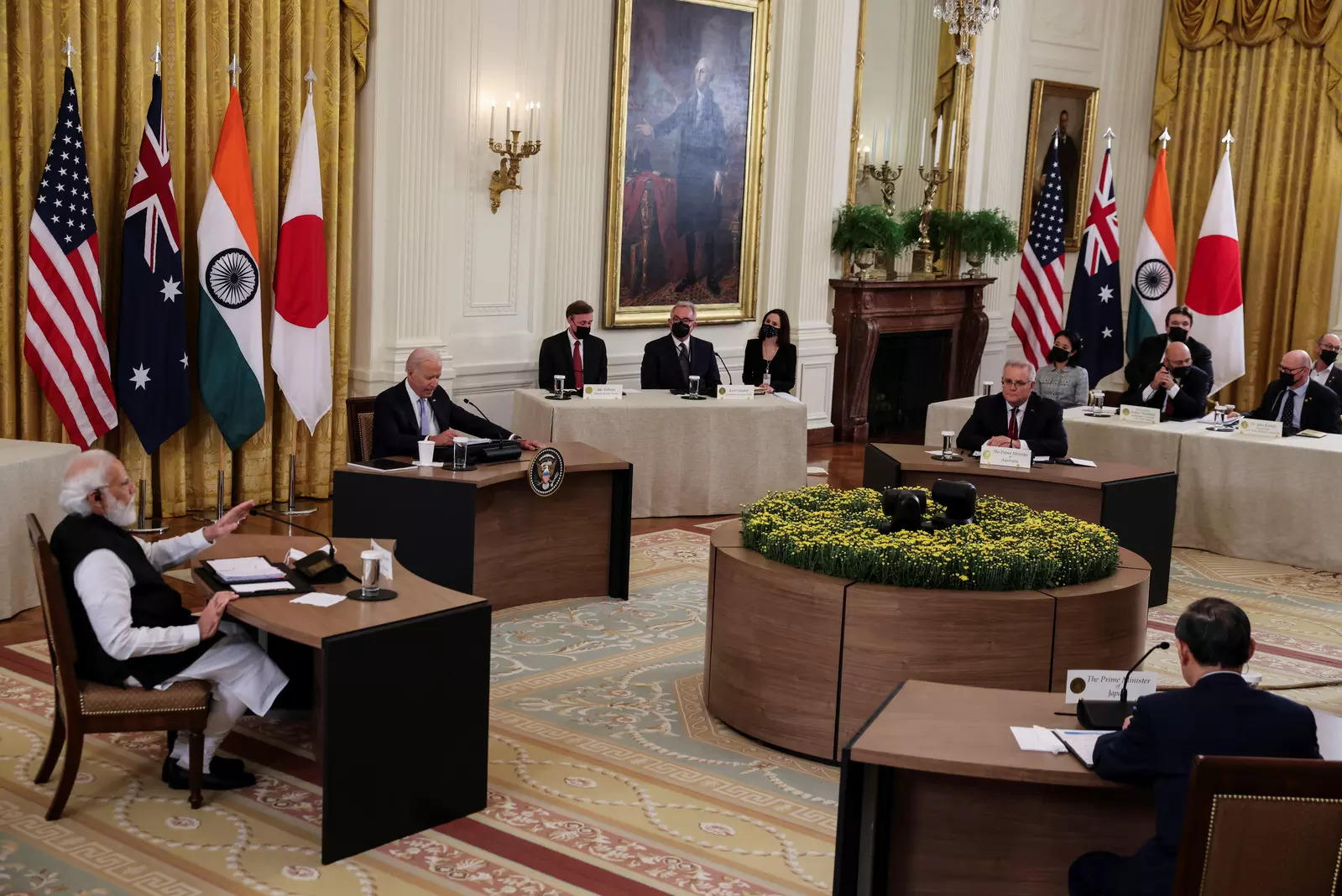 PM Narendra Modi speaks during a 'Quad nations' meeting at the Leaders' Summit of the Quadrilateral Framework hosted by US President Joe Biden with Australia's PM Scott Morrison and Japan's PM Yoshihide Suga in the East Room at the White House in Washington