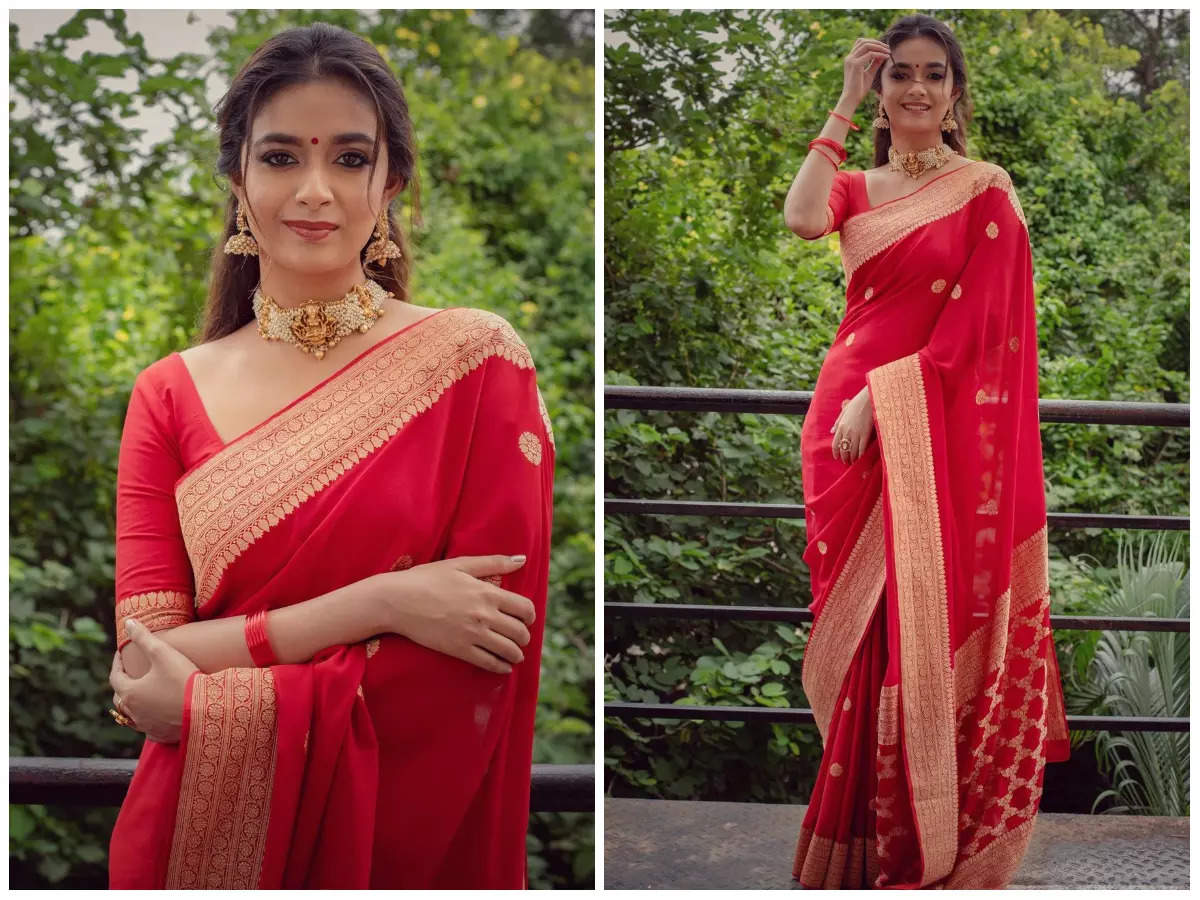 Ruby Red Kanchipuram Lichi Silk Saree with brocade blouse