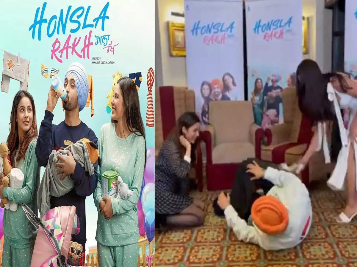 THIS video of Diljit Dosanjh getting beaten up by Shehnaaz Gill and Sonam  Bajwa in a recreated version of 'Honsla Rakh' dialogues is simply hilarious  | Punjabi Movie News - Times of India
