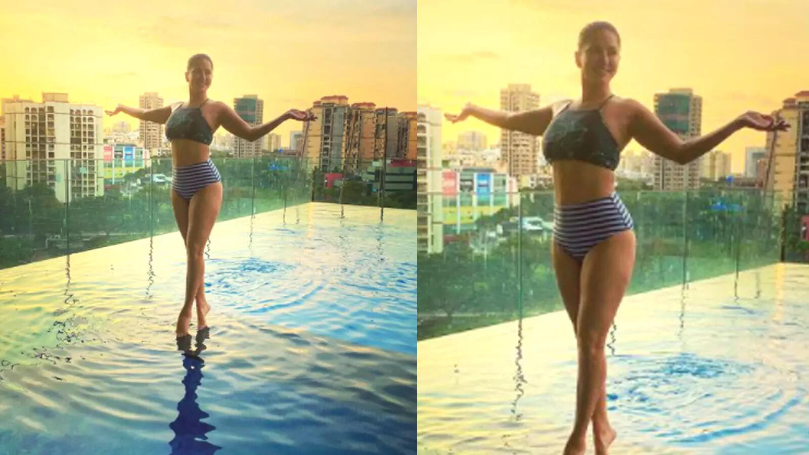 Sunny Leone gives a glimpse of her new terrace pool as she poses in swimsuit against the backdrop of Mumbai skyline