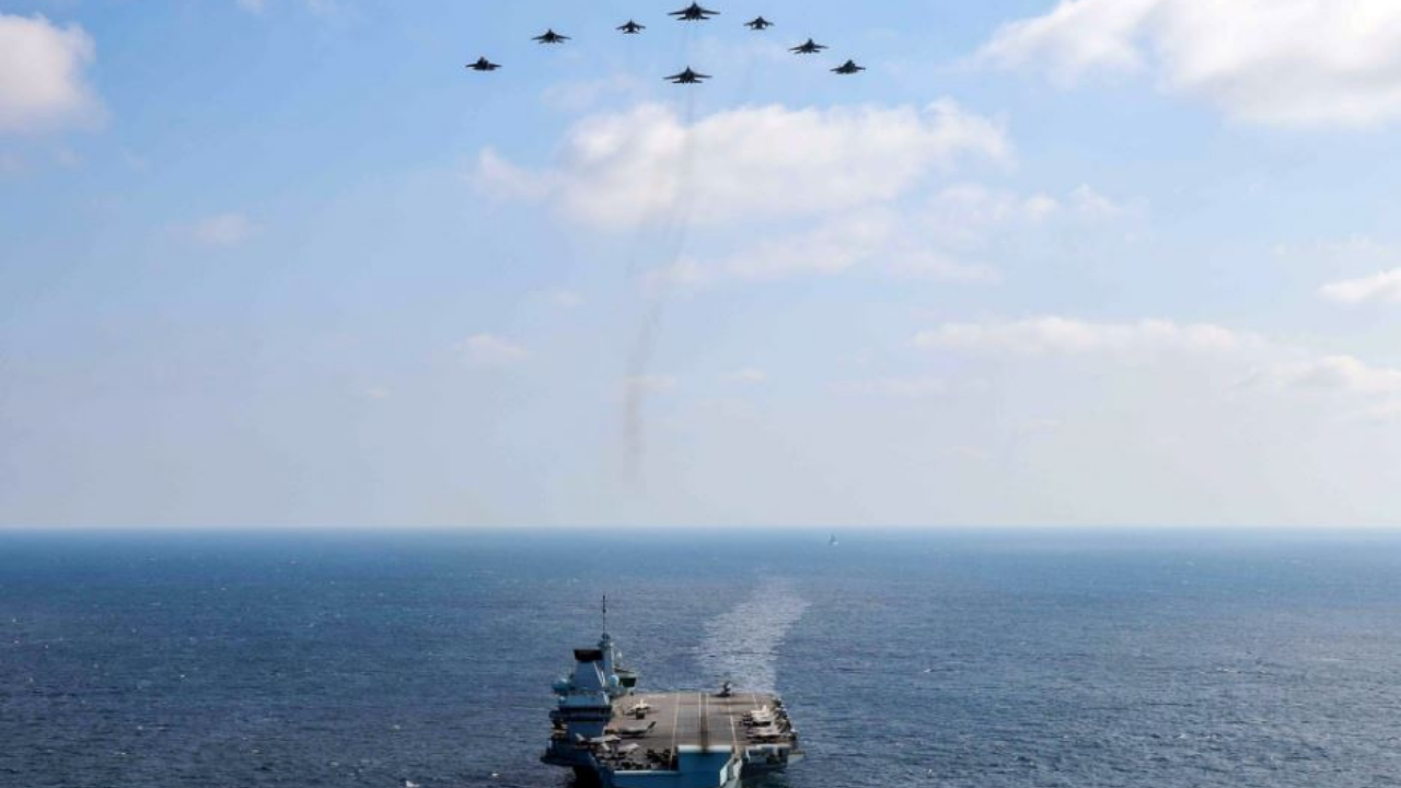 Aircraft flying in a formation over HMS Queen Elizabeth during the 'Exercise Konkan Shakti 2021' of Indian & UK Armed Forces (ANI)