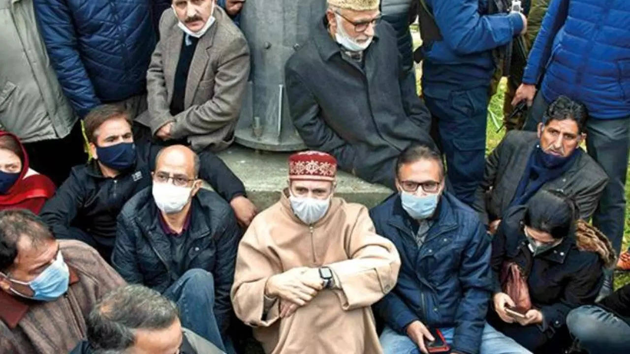 Former CM Omar Abdullah and other National Conference leaders at a sit-in in Srinagar on Thursday to protest the Hyderpora killings