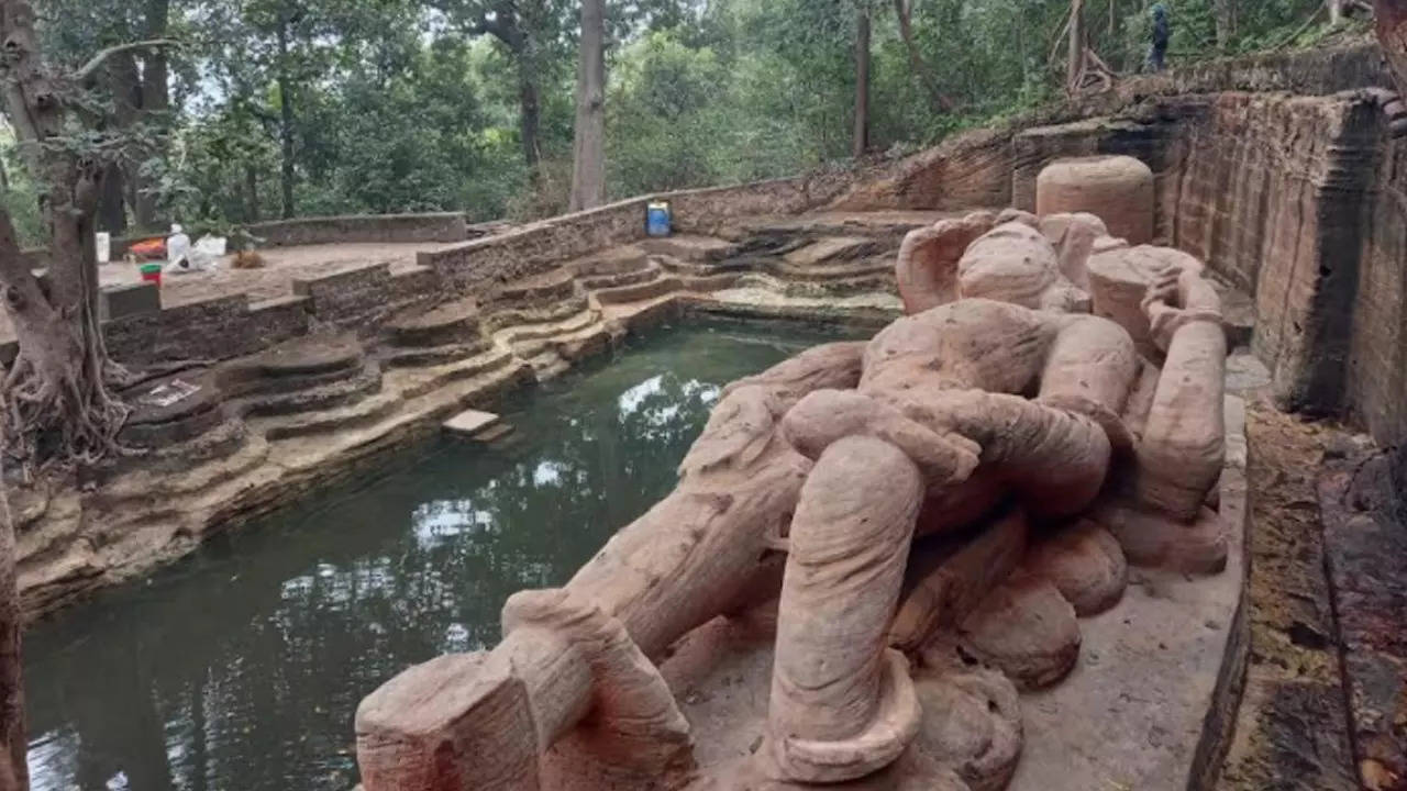 The centuries old sandstone sculpture has been restored by the Indian National Trust for Art and Culture Heritage