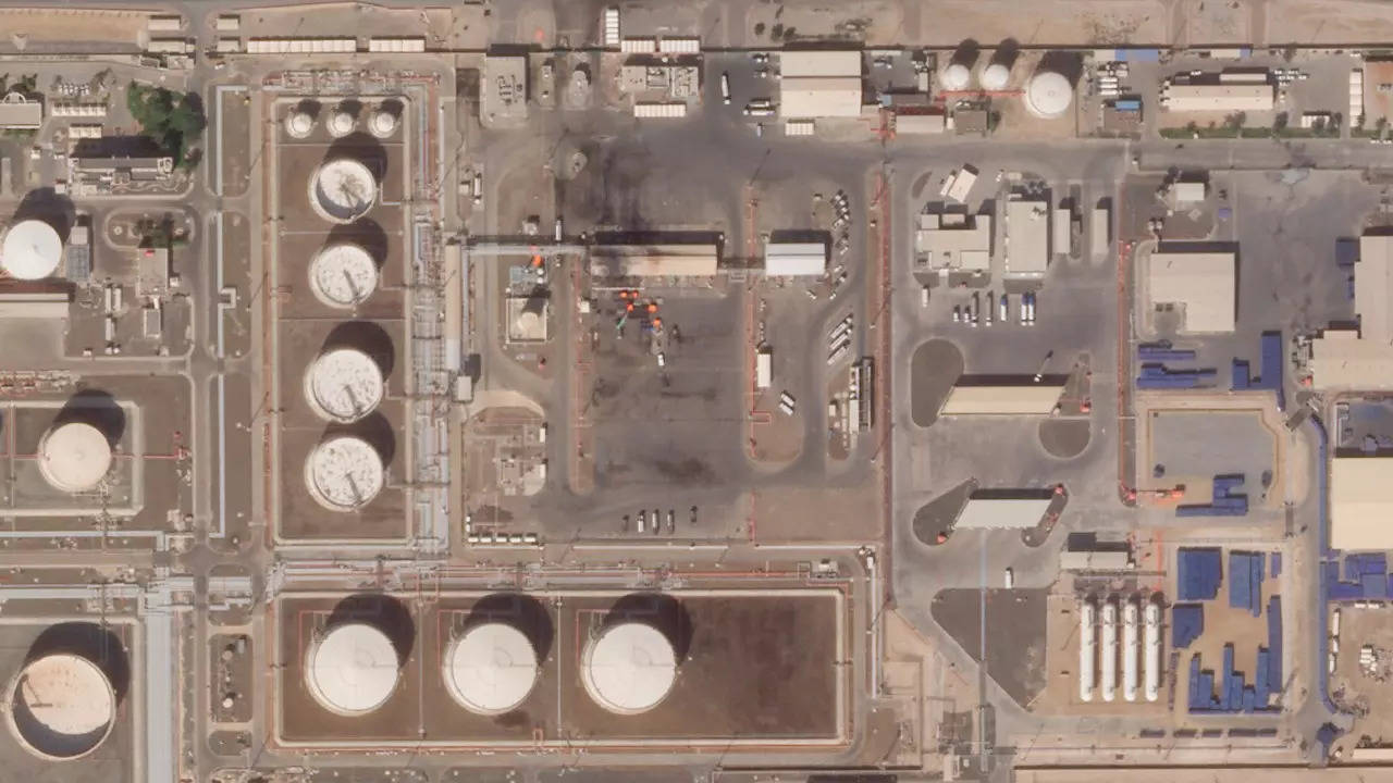 This satellite image provided shows the aftermath of an attack claimed by Yemen's Houthi rebels on an Abu Dhabi National Oil Co. fuel depot in the Mussafah neighborhood of Abu Dhabi, on Saturday. (AP photo)