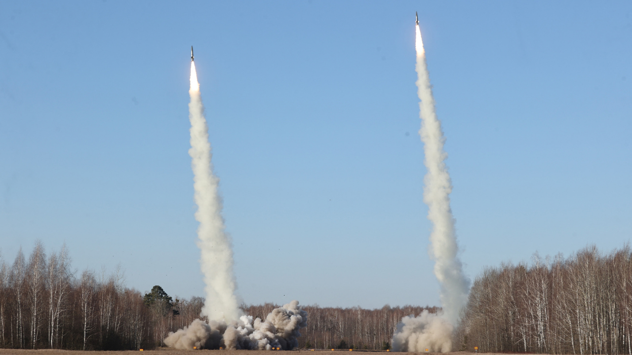 The OTR-21 Tochka-U missile systems launch missiles during military exercises held by the armed forces of Russia and Belarus in the Gomel region, Belarus (Reuters)