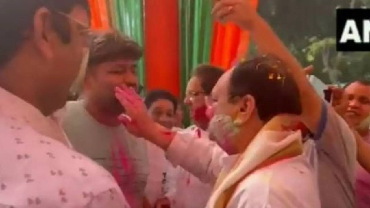 BJP national president JP Nadda celebrates Holi in Delhi. (ANI)