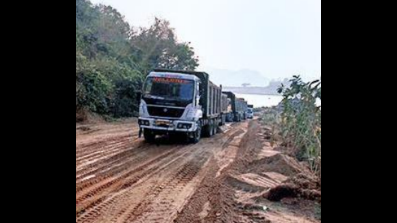 Trucks laden with sand stalled near the Polavaram project