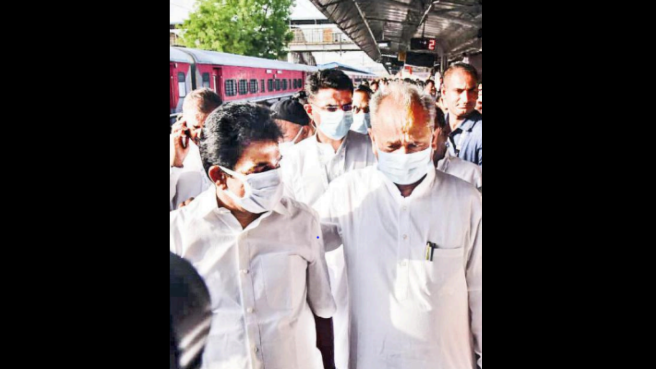 CM Ashok Gehlot with K C Venugopal and Sachin Pilot at Udaipur railway station on the first day of the chintan shivir on Friday