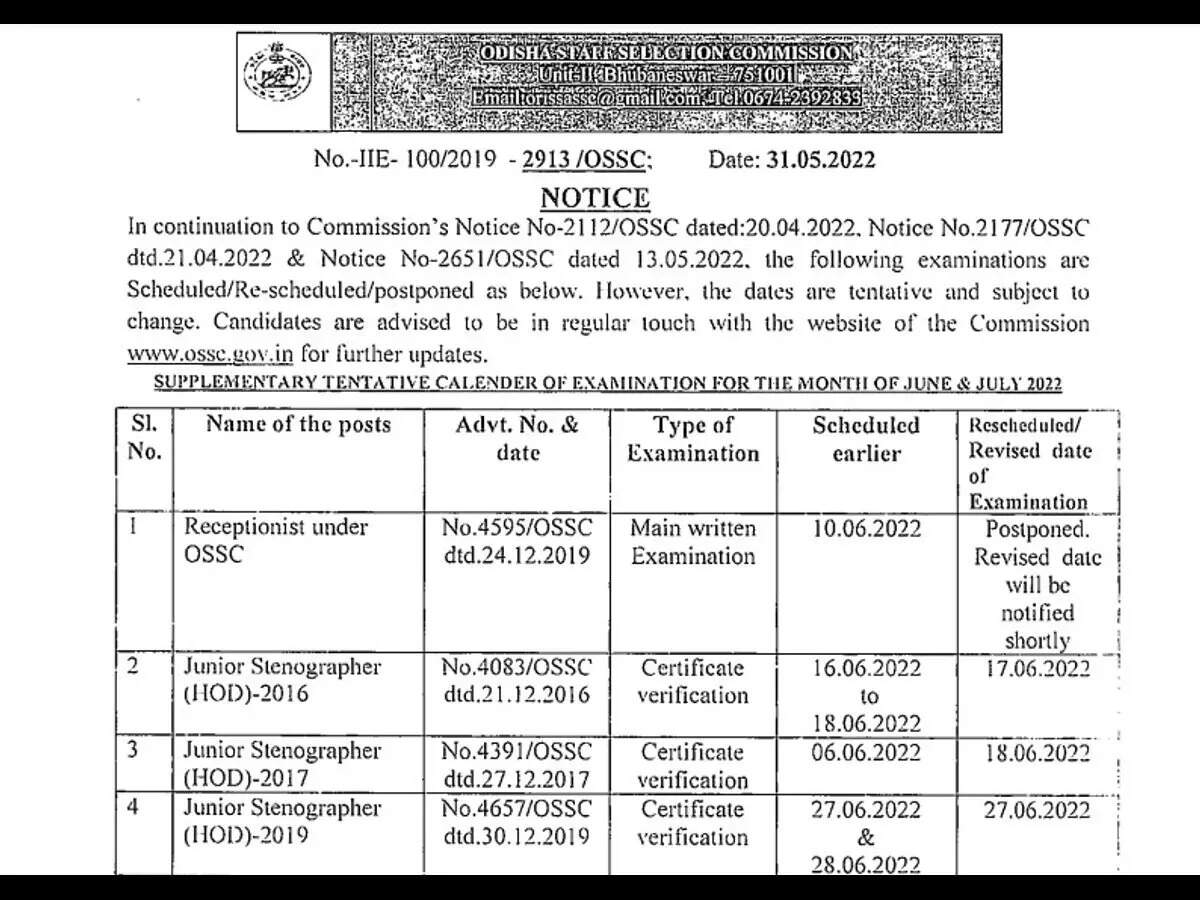 Ossc Releases Tentative Calendar 22 For Rescheduled Exams In June July Times Of India