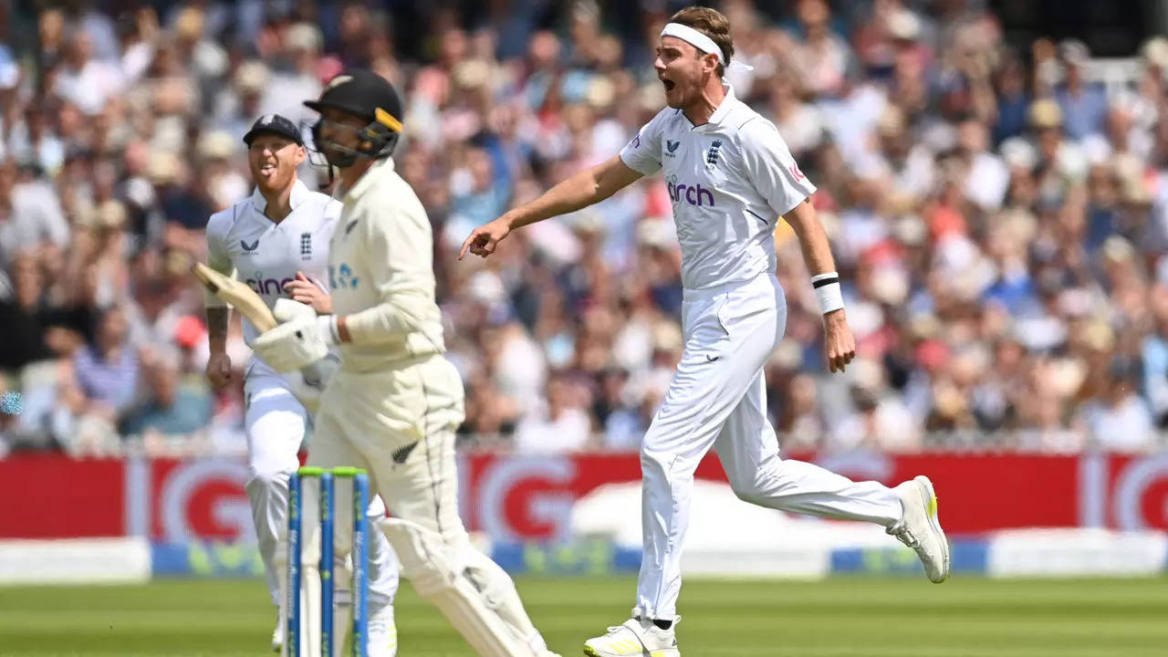 Stuart Broad of England celebrates after dismissing New Zealand's Devon Conway (Photo by Gareth Copley/Getty Images)