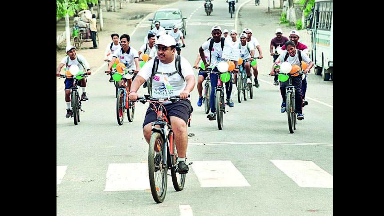 Youths take part in a rally on the occasion of World Bicycle Day in Guwahati on Friday 