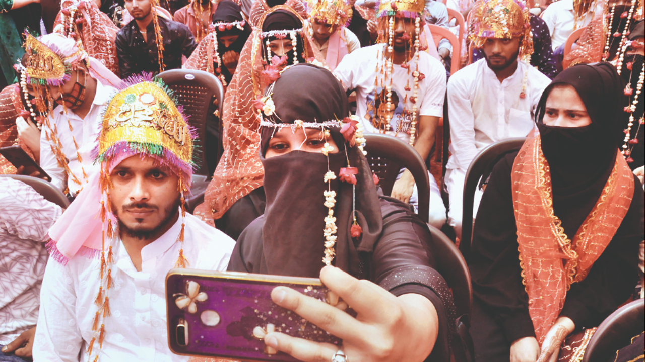 Muslim couples during mass marriage ceremony in Moradabad on Friday