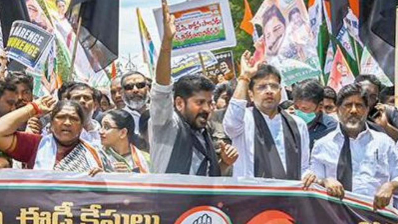 Revanth Reddy leads a huge rally to the ED office on Monday