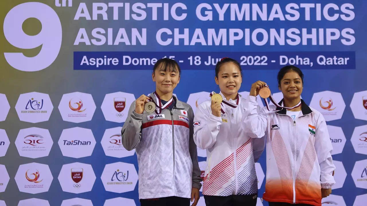 Silver medallist Shoko Miyata, gold medallist Seojeong Yeo (C) and bronze medallist Pranati Nayak pose on the podium. (AFP Photo)
