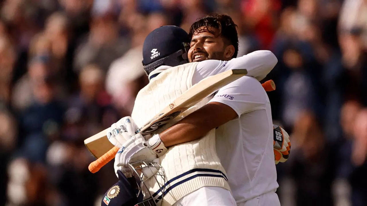 Rishabh Pant being congratulated by Ravindra Jadeja after completing a century (Reuters Photo)