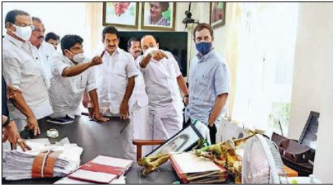 Congress leader and Wayanad MP Rahul Gandhi, along with UDF leaders, visits his office that was vandalized by SFI activists, on Friday 
