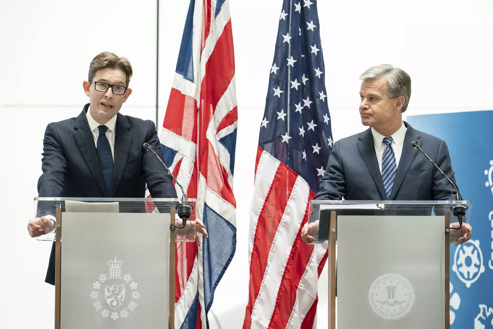 MI5 director general Ken McCallum, left, and FBI director Christopher Wray attend a joint press conference at MI5 headquarters, in central London.