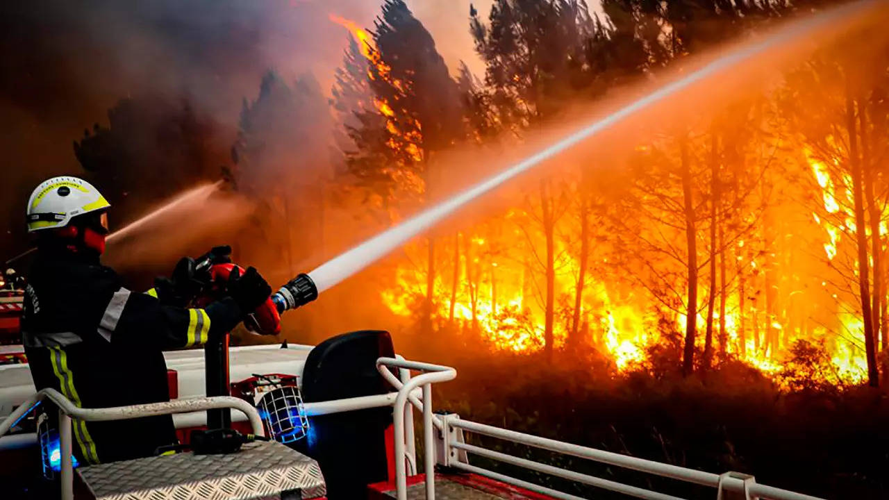  Firefighters using hose to fight a wildfire near Landiras, southwestern France (AP)