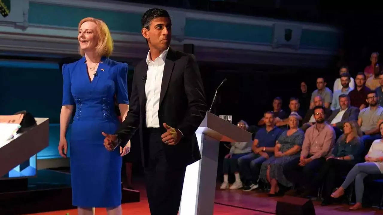 Foreign Secretary Liz Truss was in the midst of making a point about her economic plans if elected as the Conservative Party leader when she was seen on screen reacting with horror to the sound of a crash off screen. (AFP)